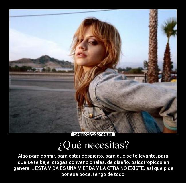 ¿Qué necesitas? - Algo para dormir, para estar despierto, para que se te levante, para
que se te baje, drogas convencionales, de diseño, psicotrópicos en
general... ESTA VIDA ES UNA MIERDA Y LA OTRA NO EXISTE, así que pide
por esa boca. tengo de todo.
