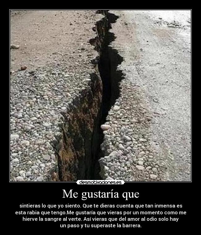 Me gustaría que - sintieras lo que yo siento. Que te dieras cuenta que tan inmensa es
esta rabia que tengo.Me gustaría que vieras por un momento como me
hierve la sangre al verte. Así vieras que del amor al odio solo hay
un paso y tu superaste la barrera.