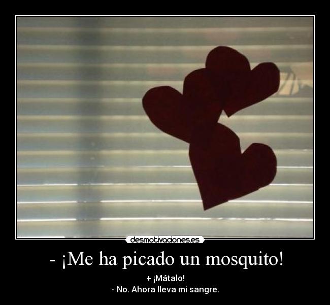 - ¡Me ha picado un mosquito! - + ¡Mátalo!
- No. Ahora lleva mi sangre.