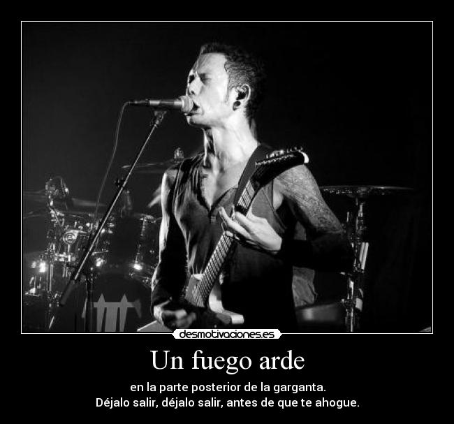 Un fuego arde - en la parte posterior de la garganta.
Déjalo salir, déjalo salir, antes de que te ahogue.