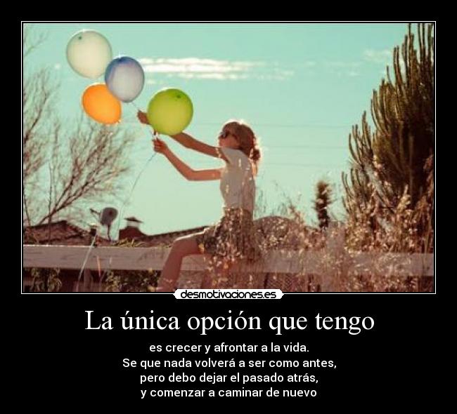 La única opción que tengo - es crecer y afrontar a la vida.
Se que nada volverá a ser como antes,
pero debo dejar el pasado atrás,
y comenzar a caminar de nuevo