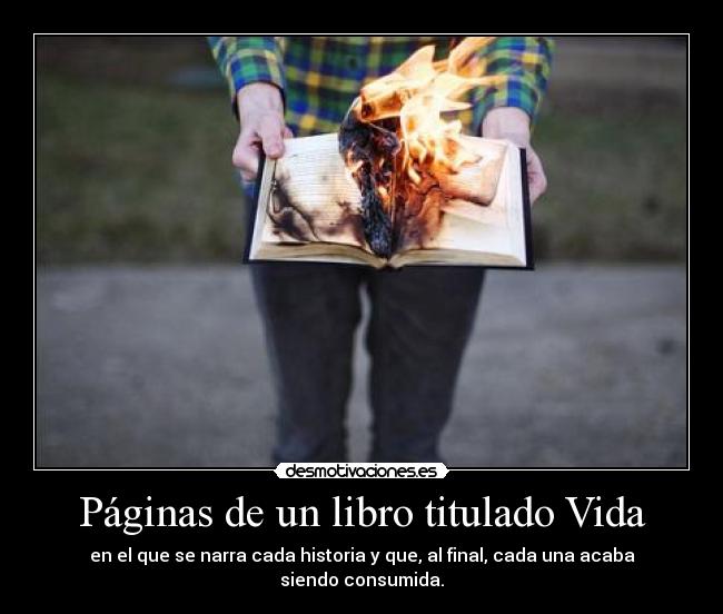 Páginas de un libro titulado Vida - en el que se narra cada historia y que, al final, cada una acaba siendo consumida.