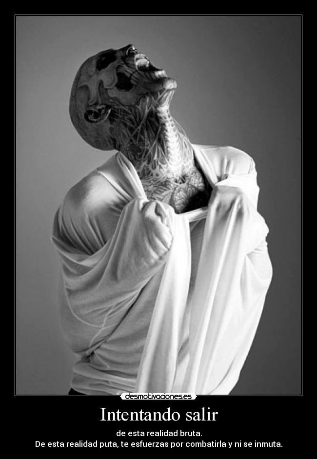 Intentando salir - de esta realidad bruta.
De esta realidad puta, te esfuerzas por combatirla y ni se inmuta.
