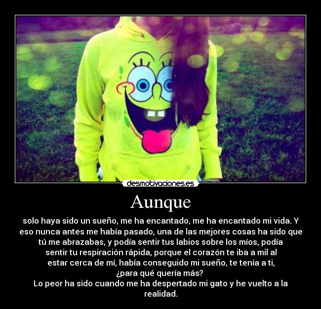 Aunque - solo haya sido un sueño, me ha encantado, me ha encantado mi vida. Y
eso nunca antes me había pasado, una de las mejores cosas ha sido que
tú me abrazabas, y podía sentir tus labios sobre los míos, podía
sentir tu respiración rápida, porque el corazón te iba a mil al
estar cerca de mí, había conseguido mi sueño, te tenía a ti,
¿para qué quería más?
Lo peor ha sido cuando me ha despertado mi gato y he vuelto a la
realidad.