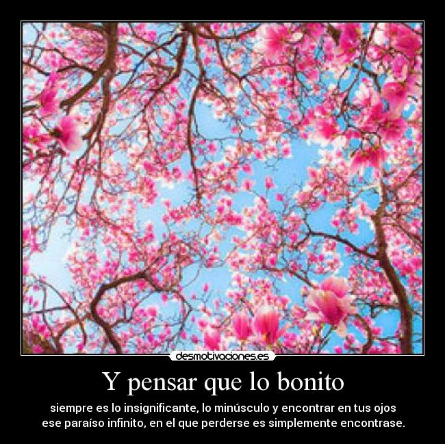 Y pensar que lo bonito - siempre es lo insignificante, lo minúsculo y encontrar en tus ojos
ese paraíso infinito, en el que perderse es simplemente encontrase.