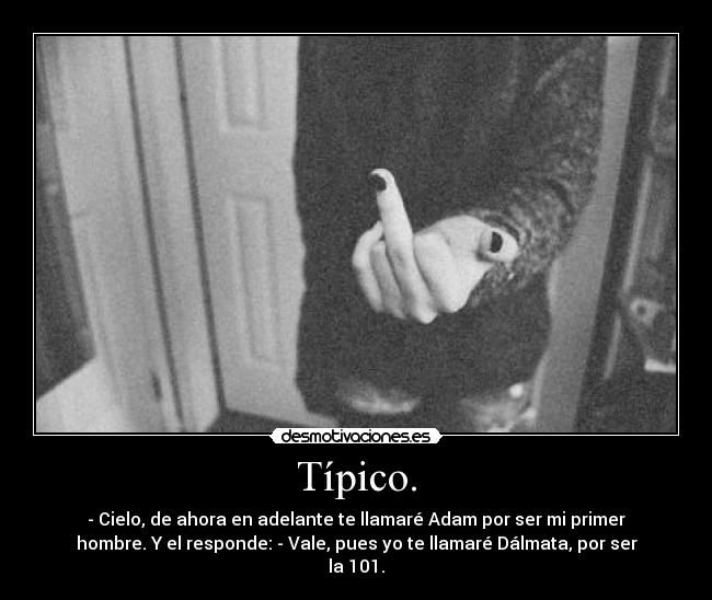 Típico. - - Cielo, de ahora en adelante te llamaré Adam por ser mi primer
hombre. Y el responde: - Vale, pues yo te llamaré Dálmata, por ser
la 101.