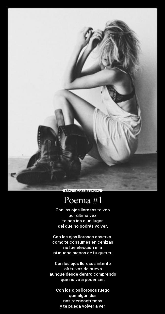 Poema #1 - Con los ojos llorosos te veo
por última vez
te has ido a un lugar
del que no podrás volver.
Con los ojos llorosos observo
como te consumes en cenizas
no fue elección mía
ni mucho menos de tu querer.
Con los ojos llorosos intento
oír tu voz de nuevo
aunque desde dentro comprendo
que no va a poder ser.
Con los ojos llorosos ruego
que algún dia
nos reencontremos
y te pueda volver a ver