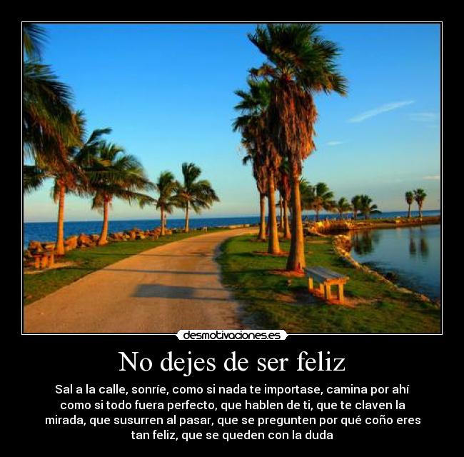 No dejes de ser feliz - Sal a la calle, sonríe, como si nada te importase, camina por ahí
como si todo fuera perfecto, que hablen de ti, que te claven la
mirada, que susurren al pasar, que se pregunten por qué coño eres
tan feliz, que se queden con la duda