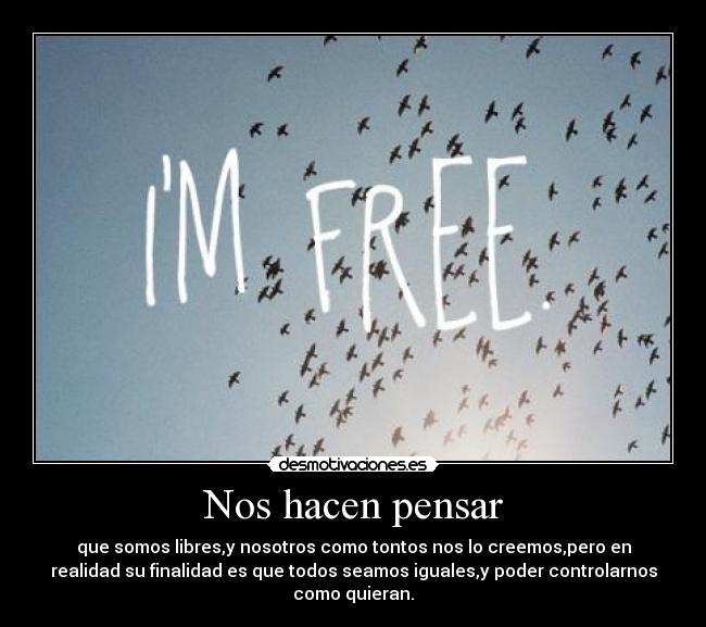 Nos hacen pensar - que somos libres,y nosotros como tontos nos lo creemos,pero en
realidad su finalidad es que todos seamos iguales,y poder controlarnos
como quieran.