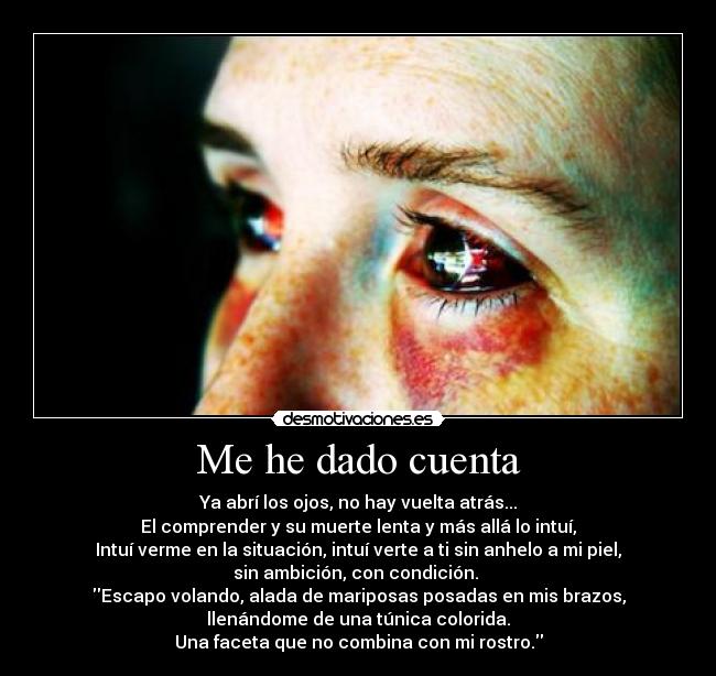 Me he dado cuenta - Ya abrí los ojos, no hay vuelta atrás...
El comprender y su muerte lenta y más allá lo intuí,
Intuí verme en la situación, intuí verte a ti sin anhelo a mi piel,
sin ambición, con condición. 
Escapo volando, alada de mariposas posadas en mis brazos,
llenándome de una túnica colorida.
Una faceta que no combina con mi rostro.