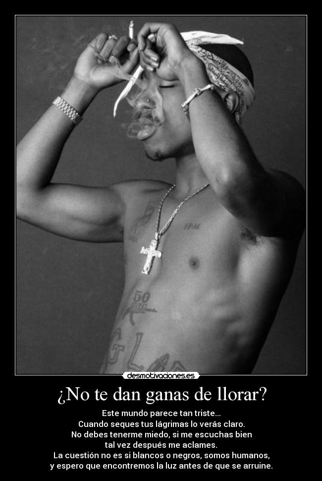 ¿No te dan ganas de llorar? - Este mundo parece tan triste...
Cuando seques tus lágrimas lo verás claro.
No debes tenerme miedo, si me escuchas bien
tal vez después me aclames.
La cuestión no es si blancos o negros, somos humanos,
y espero que encontremos la luz antes de que se arruine.