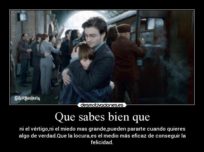 Que sabes bien que - ni el vértigo,ni el miedo mas grande,pueden pararte cuando quieres
algo de verdad.Que la locura,es el medio más eficaz de conseguir la
felicidad.