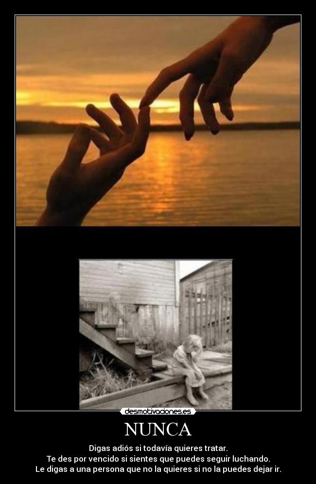 NUNCA - Digas adiós si todavía quieres tratar.
Te des por vencido si sientes que puedes seguir luchando.
Le digas a una persona que no la quieres si no la puedes dejar ir.