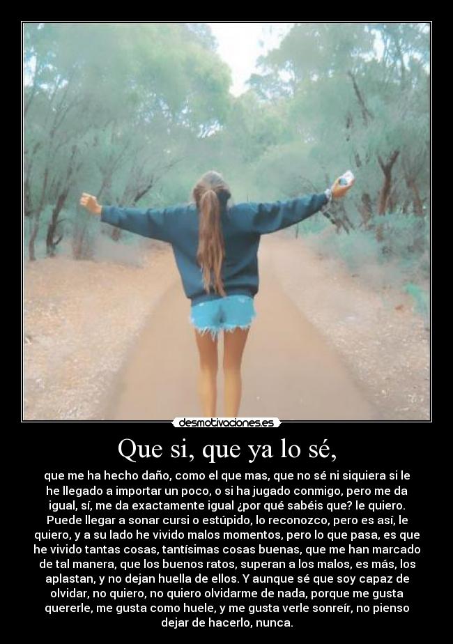 Que si, que ya lo sé, - que me ha hecho daño, como el que mas, que no sé ni siquiera si le
he llegado a importar un poco, o si ha jugado conmigo, pero me da
igual, sí, me da exactamente igual ¿por qué sabéis que? le quiero.
Puede llegar a sonar cursi o estúpido, lo reconozco, pero es así, le
quiero, y a su lado he vivido malos momentos, pero lo que pasa, es que
he vivido tantas cosas, tantísimas cosas buenas, que me han marcado
de tal manera, que los buenos ratos, superan a los malos, es más, los
aplastan, y no dejan huella de ellos. Y aunque sé que soy capaz de
olvidar, no quiero, no quiero olvidarme de nada, porque me gusta
quererle, me gusta como huele, y me gusta verle sonreír, no pienso
dejar de hacerlo, nunca.