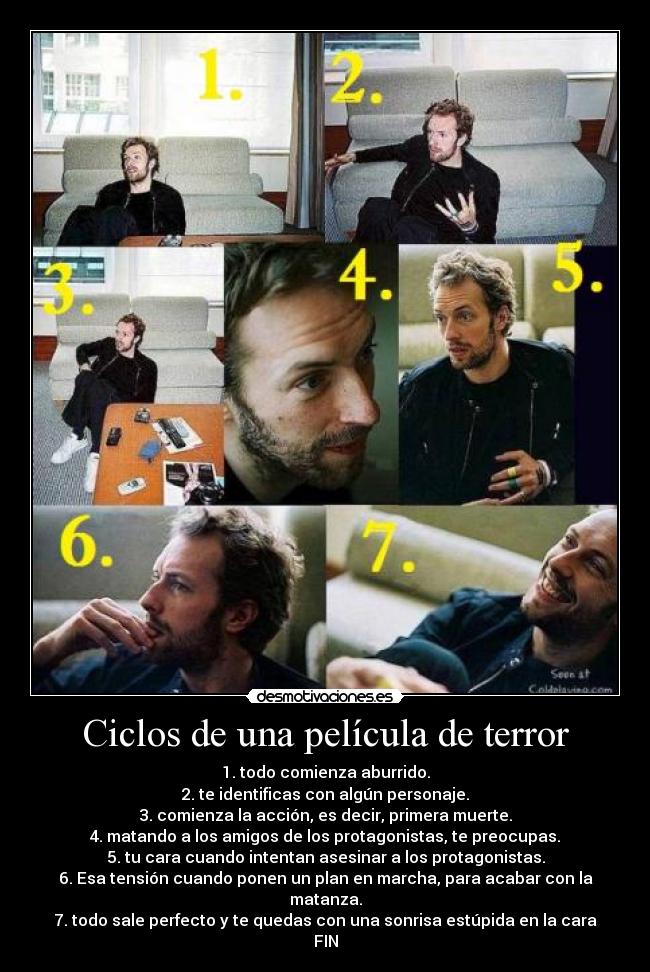 Ciclos de una película de terror - 1. todo comienza aburrido.
2. te identificas con algún personaje.
3. comienza la acción, es decir, primera muerte.
4. matando a los amigos de los protagonistas, te preocupas.
5. tu cara cuando intentan asesinar a los protagonistas.
6. Esa tensión cuando ponen un plan en marcha, para acabar con la matanza.
7. todo sale perfecto y te quedas con una sonrisa estúpida en la cara
FIN