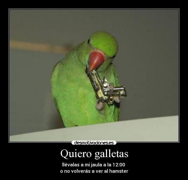 Quiero galletas - llévalas a mi jaula a la 12:00 
o no volverás a ver al hamster