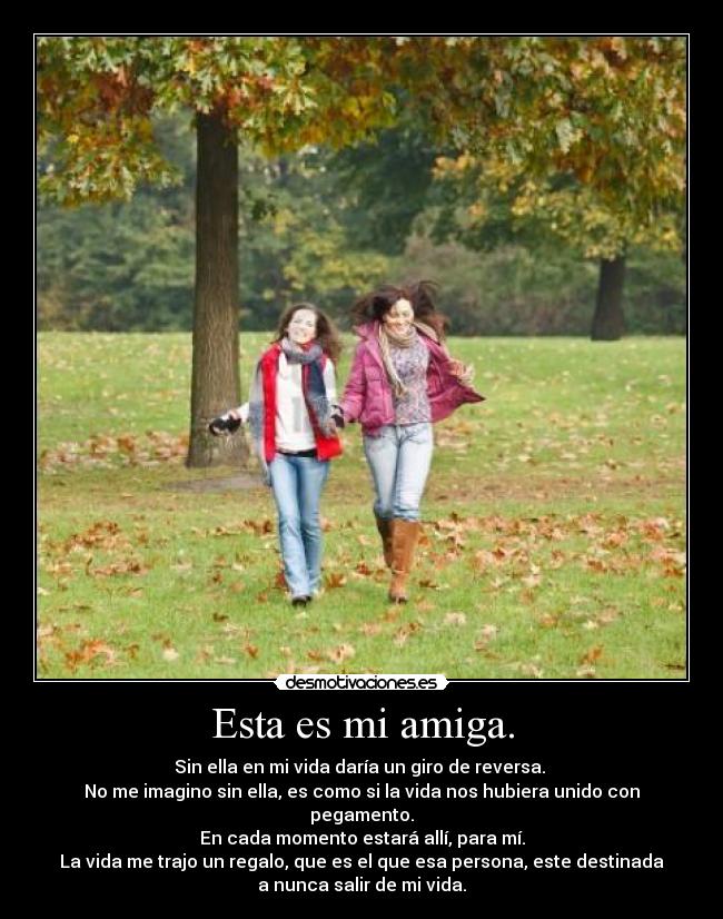 Esta es mi amiga. - Sin ella en mi vida daría un giro de reversa.
No me imagino sin ella, es como si la vida nos hubiera unido con
pegamento.
En cada momento estará allí, para mí.
La vida me trajo un regalo, que es el que esa persona, este destinada
a nunca salir de mi vida.