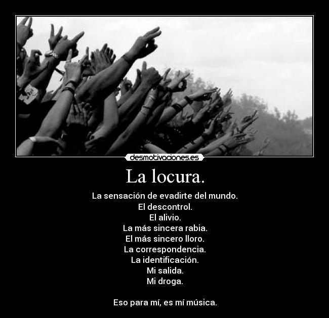 La locura. - La sensación de evadirte del mundo.
El descontrol.
El alivio.
La más sincera rabia.
El más sincero lloro.
La correspondencia.
La identificación.
Mi salida.
Mi droga.
Eso para mí, es mí música.