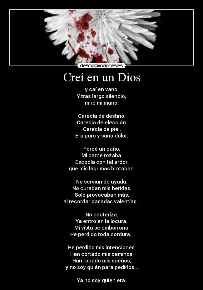 Creí en un Dios - y caí en vano.
Y tras largo silencio,
miré mi mano.
Carecía de destino.
Carecía de elección.
Carecía de piel.
Era puro y sano dolor.
Forcé un puño.
Mi carne rozaba.
Escocía con tal ardor,
que mis lágrimas brotaban.
No servían de ayuda.
No curaban mis heridas.
Solo provocaban más,
al recordar pasadas valentías...
No cauteriza.
Ya entro en la locura.
Mi vista se emborrona.
He perdido toda cordura...
He perdido mis intenciones.
Han cortado mis caminos.
Han robado mis sueños,
y no soy quién para pedirlos...
Ya no soy quien era.