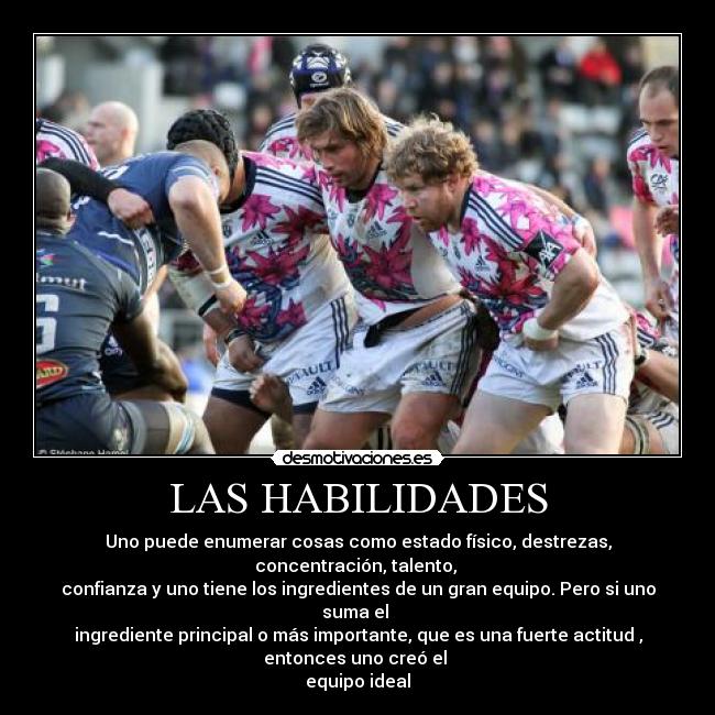 LAS HABILIDADES - Uno puede enumerar cosas como estado físico, destrezas,
concentración, talento, 
confianza y uno tiene los ingredientes de un gran equipo. Pero si uno
suma el 
ingrediente principal o más importante, que es una fuerte actitud ,
entonces uno creó el 
equipo ideal