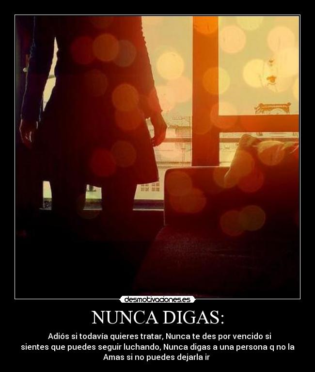 NUNCA DIGAS: - ♦ Adiós si todavía quieres tratar, Nunca te des por vencido si
sientes que puedes seguir luchando, Nunca digas a una persona q no la
Amas si no puedes dejarla ir ♦