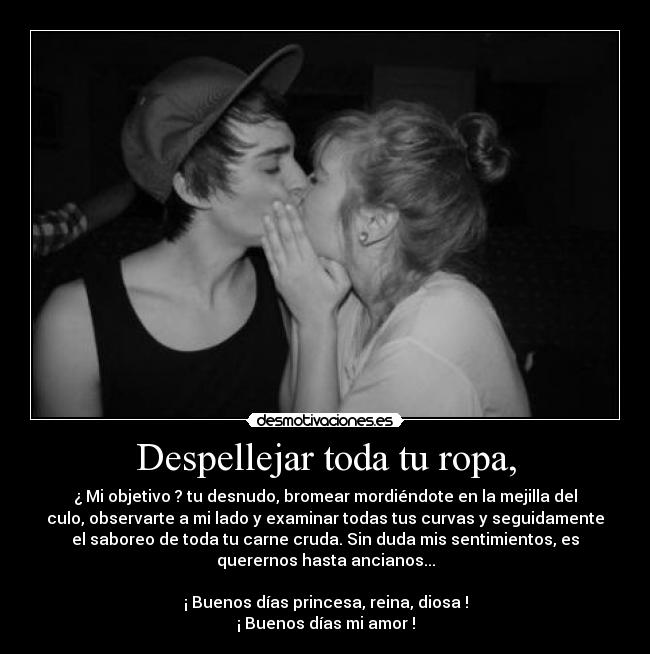 Despellejar toda tu ropa, - ¿ Mi objetivo ? tu desnudo, bromear mordiéndote en la mejilla del
culo, observarte a mi lado y examinar todas tus curvas y seguidamente
el saboreo de toda tu carne cruda. Sin duda mis sentimientos, es
querernos hasta ancianos...

¡ Buenos días princesa, reina, diosa !
¡ Buenos días mi amor !