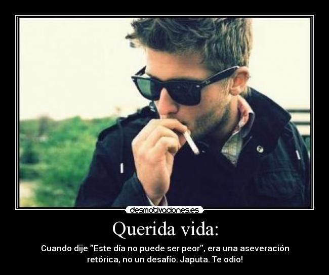 Querida vida: - Cuando dije Este día no puede ser peor, era una aseveración
retórica, no un desafío. Japuta. Te odio!