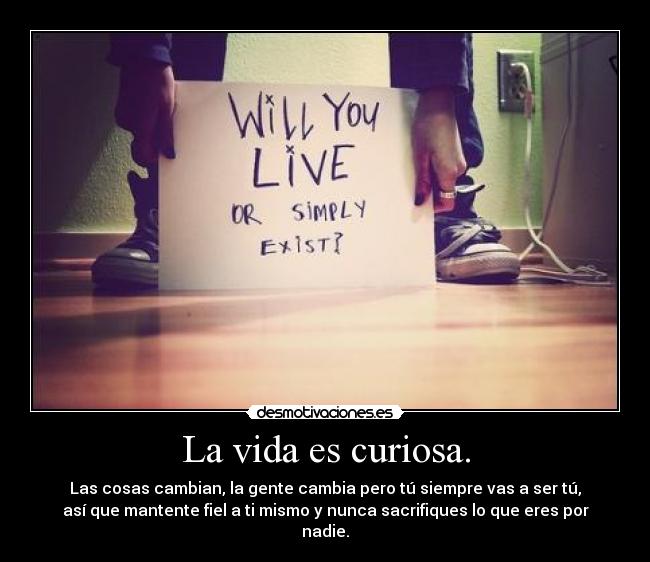 La vida es curiosa. - Las cosas cambian, la gente cambia pero tú siempre vas a ser tú,
así que mantente fiel a ti mismo y nunca sacrifiques lo que eres por
nadie.