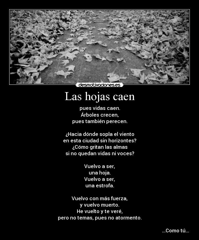 Las hojas caen - pues vidas caen.
Árboles crecen,
pues también perecen.
¿Hacia dónde sopla el viento
en esta ciudad sin horizontes?
¿Cómo gritan las almas
si no quedan vidas ni voces?
Vuelvo a ser,
una hoja.
Vuelvo a ser,
una estrofa.
Vuelvo con más fuerza,
y vuelvo muerto.
He vuelto y te veré,
pero no temas, pues no atormento.
...Como tú...