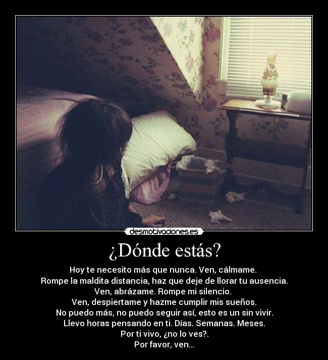 ¿Dónde estás? - Hoy te necesito más que nunca. Ven, cálmame. 
Rompe la maldita distancia, haz que deje de llorar tu ausencia.
Ven, abrázame. Rompe mi silencio. 
Ven, despiertame y hazme cumplir mis sueños.
No puedo más, no puedo seguir así, esto es un sin vivir.
Llevo horas pensando en ti. Días. Semanas. Meses.
Por ti vivo, ¿no lo ves?.
Por favor, ven...