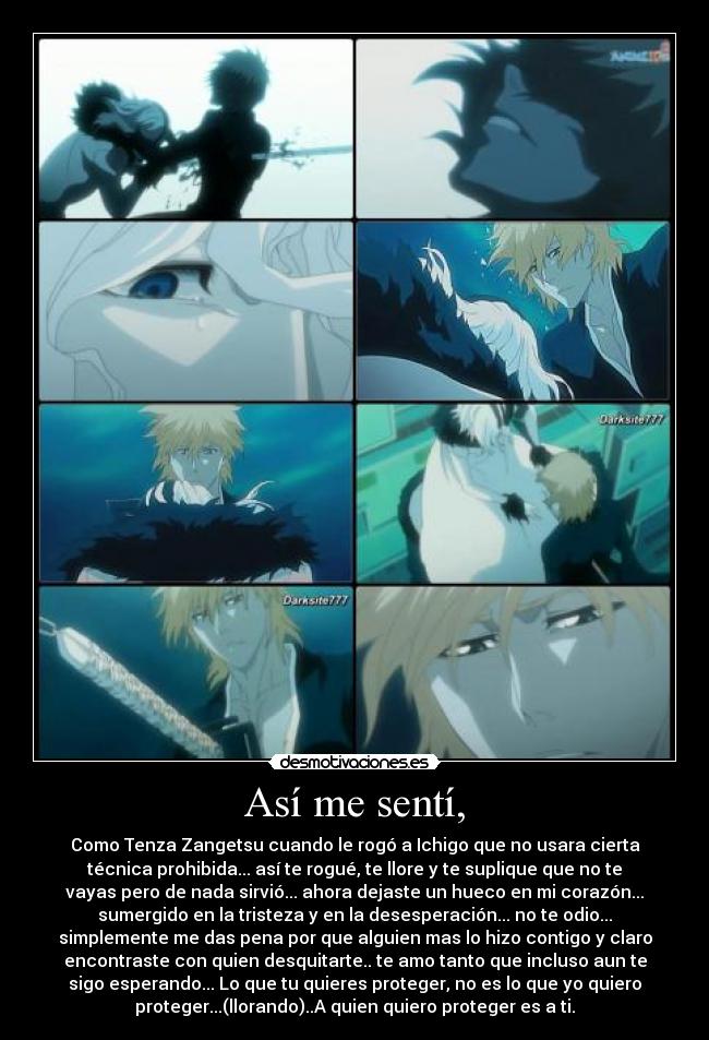Así me sentí, - Como Tenza Zangetsu cuando le rogó a Ichigo que no usara cierta
técnica prohibida... así te rogué, te llore y te suplique que no te
vayas pero de nada sirvió... ahora dejaste un hueco en mi corazón...
sumergido en la tristeza y en la desesperación... no te odio...
simplemente me das pena por que alguien mas lo hizo contigo y claro
encontraste con quien desquitarte.. te amo tanto que incluso aun te
sigo esperando... Lo que tu quieres proteger, no es lo que yo quiero
proteger...(llorando)..A quien quiero proteger es a ti.