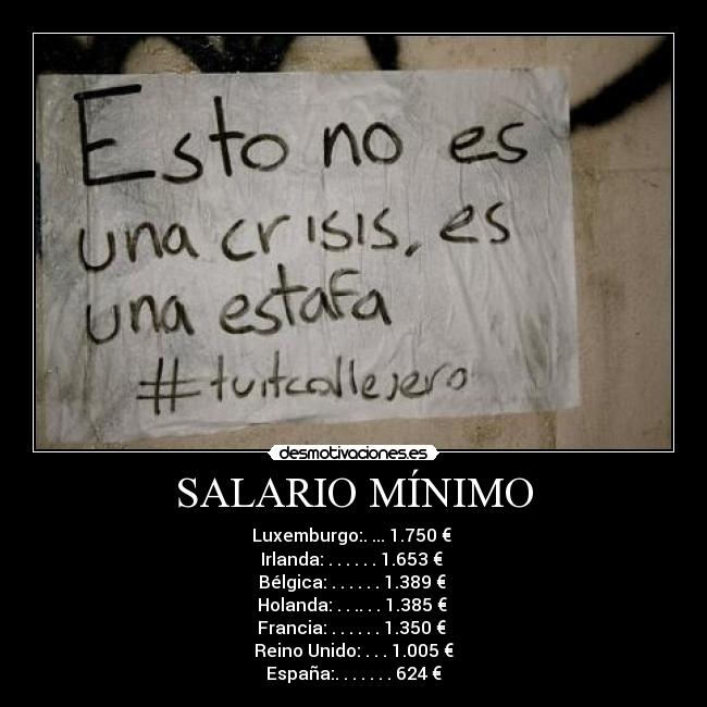 SALARIO MÍNIMO - Luxemburgo:. ... 1.750 €
Irlanda: . . . . . . 1.653 €
Bélgica: . . . . . . 1.389 €
Holanda: . . .. . . 1.385 €
Francia: . . . . . . 1.350 €
Reino Unido: . . . 1.005 €
España:. . . . . . . 624 €