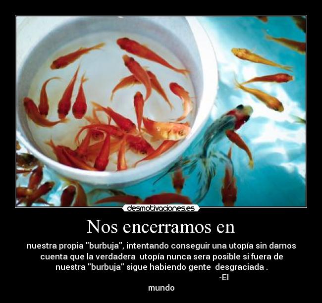 Nos encerramos en - nuestra propia burbuja, intentando conseguir una utopía sin darnos
cuenta que la verdadera  utopía nunca sera posible si fuera de
nuestra burbuja sigue habiendo gente  desgraciada .
                                                               -El
mundo