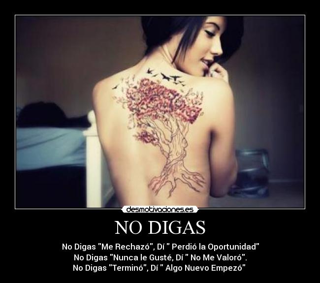 NO DIGAS - No Digas Me Rechazó, Dí  Perdió la Oportunidad
No Digas Nunca le Gusté, Dí  No Me Valoró.
No Digas Terminó, Dí  Algo Nuevo Empezó ♥