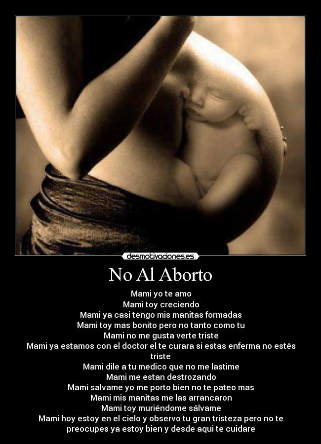 No Al Aborto - Mami yo te amo
Mami toy creciendo
Mami ya casi tengo mis manitas formadas
Mami toy mas bonito pero no tanto como tu
Mami no me gusta verte triste
Mami ya estamos con el doctor el te curara si estas enferma no estés
triste
Mami dile a tu medico que no me lastime
Mami me estan destrozando
Mami salvame yo me porto bien no te pateo mas
Mami mis manitas me las arrancaron
Mami toy muriéndome sálvame
Mami hoy estoy en el cielo y observo tu gran tristeza pero no te
preocupes ya estoy bien y desde aqui te cuidare