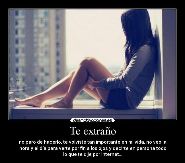 Te extraño - no paro de hacerlo, te volviste tan importante en mi vida, no veo la
hora y el día para verte por fin a los ojos y decirte en persona todo
lo que te dije por internet...
