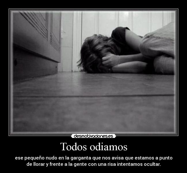 Todos odiamos - ese pequeño nudo en la garganta que nos avisa que estamos a punto
de llorar y frente a la gente con una risa intentamos ocultar.