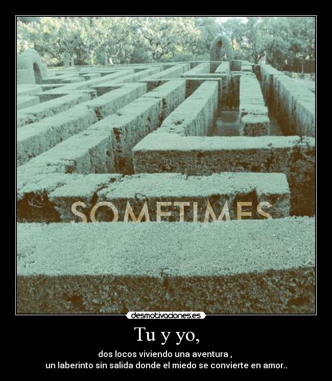 Tu y yo, - dos locos viviendo una aventura ,
un laberinto sin salida donde el miedo se convierte en amor..