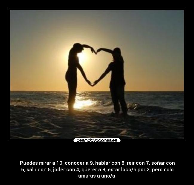 - Puedes mirar a 10, conocer a 9, hablar con 8, reir con 7, soñar con
6, salir con 5, joder con 4, querer a 3, estar loco/a por 2, pero solo
amaras a uno/a ♥