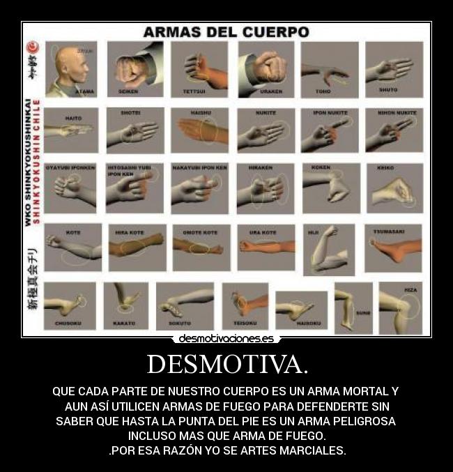 DESMOTIVA. - QUE CADA PARTE DE NUESTRO CUERPO ES UN ARMA MORTAL Y
AUN ASÍ UTILICEN ARMAS DE FUEGO PARA DEFENDERTE SIN
SABER QUE HASTA LA PUNTA DEL PIE ES UN ARMA PELIGROSA
INCLUSO MAS QUE ARMA DE FUEGO.
.POR ESA RAZÓN YO SE ARTES MARCIALES.