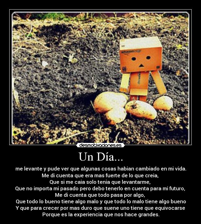 Un Día... - me levante y pude ver que algunas cosas habian cambiado en mi vida.
Me di cuenta que era mas fuerte de lo que creia,
Que si me caia solo tenia que levantarme,
Que no importa mi pasado pero debo tenerlo en cuenta para mi futuro,
Me di cuenta que todo pasa por algo,
Que todo lo bueno tiene algo malo y que todo lo malo tiene algo bueno
Y que para crecer por mas duro que suene uno tiene que equivocarse
Porque es la experiencia que nos hace grandes.