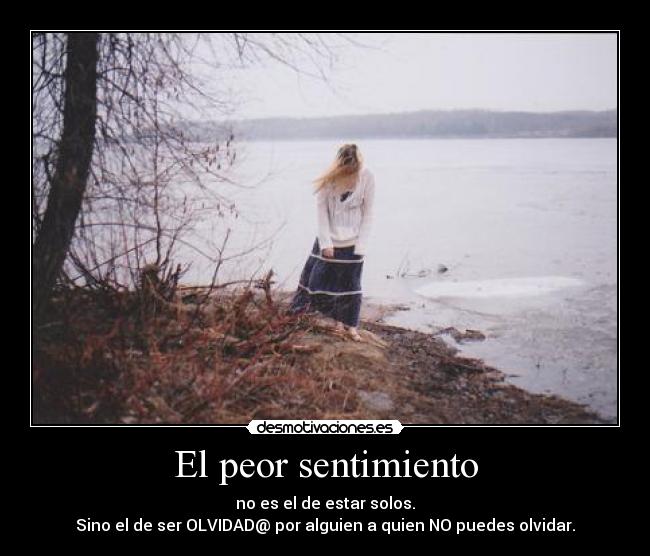 El peor sentimiento - no es el de estar solos.
Sino el de ser OLVIDAD@ por alguien a quien NO puedes olvidar.