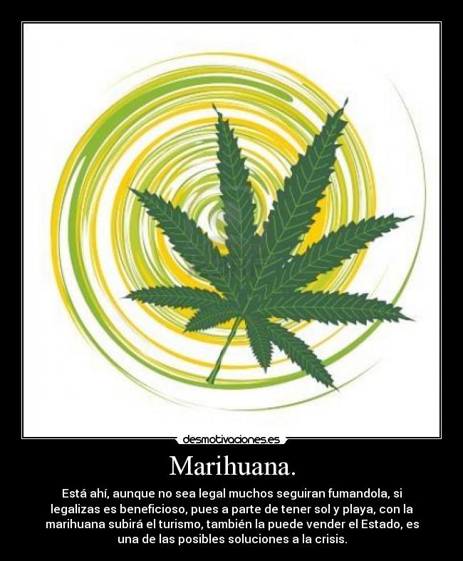 Marihuana. - Está ahí, aunque no sea legal muchos seguiran fumandola, si
legalizas es beneficioso, pues a parte de tener sol y playa, con la
marihuana subirá el turismo, también la puede vender el Estado, es
una de las posibles soluciones a la crisis.