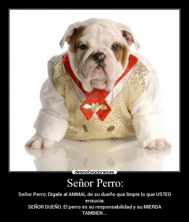 Señor Perro: - Señor Perro: Dígale al ANIMAL de su dueño que limpie lo que USTED
ensucia.
SEÑOR DUEÑO: El perro es su responsabilidad y su MIERDA
TAMBIEN....