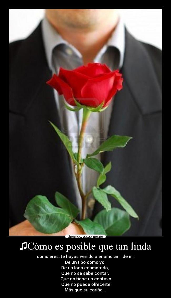 ♫Cómo es posible que tan linda - como eres, te hayas venido a enamorar... de mí.
De un tipo como yo,
De un loco enamorado,
Que no se sabe contar,
Que no tiene un centavo
Que no puede ofrecerte
Más que su cariño...♪♫