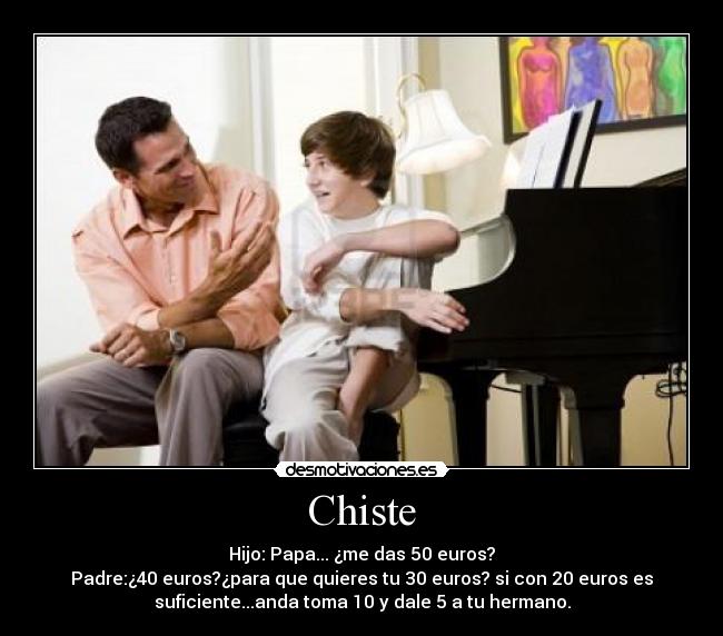 Chiste - Hijo: Papa... ¿me das 50 euros?
Padre:¿40 euros?¿para que quieres tu 30 euros? si con 20 euros es
suficiente...anda toma 10 y dale 5 a tu hermano.