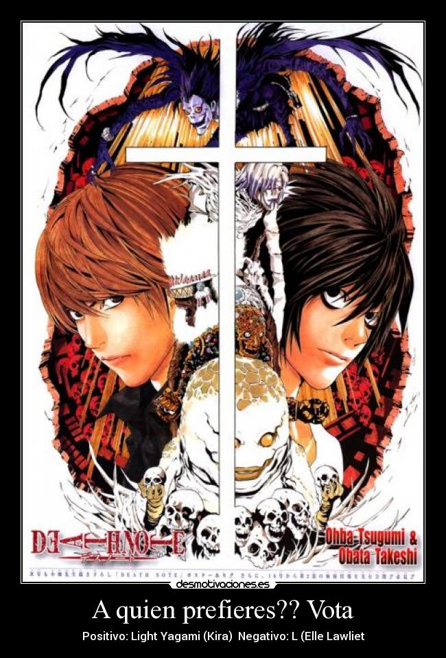 A quien prefieres?? Vota - Positivo: Light Yagami (Kira)  Negativo: L (Elle Lawliet