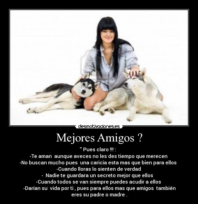 Mejores Amigos ? - Pues claro !!! :
-Te aman aunque aveces no les des tiempo que merecen
-No buscan mucho pues una caricia esta mas que bien para ellos
-Cuando lloras lo sienten de verdad
- Nadie te guardara un secreto mejor que ellos
-Cuando todos se van siempre puedes acudir a ellos
-Darían su vida por ti , pues para ellos mas que amigos también
eres su padre o madre .