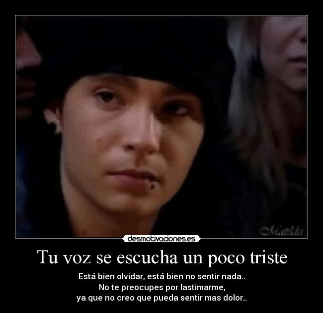 Tu voz se escucha un poco triste - Está bien olvidar, está bien no sentir nada..
No te preocupes por lastimarme,
ya que no creo que pueda sentir mas dolor..