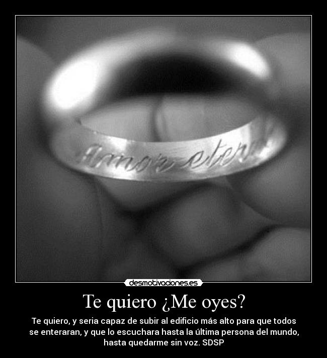 Te quiero ¿Me oyes? - Te quiero, y seria capaz de subir al edificio más alto para que todos
se enteraran, y que lo escuchara hasta la última persona del mundo,
hasta quedarme sin voz. SDSP♥